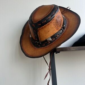 Vintage Leather Cowboy Hat Tooled Western Hat Brown Handmade Style
